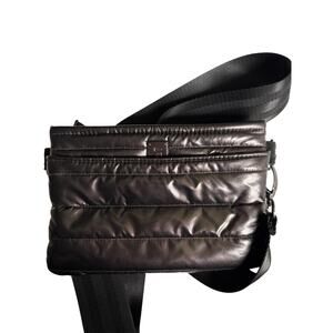 Think Royln Quilted Puffer Crossbody Bag Black Glossy Multi Zip Adjustable Strap